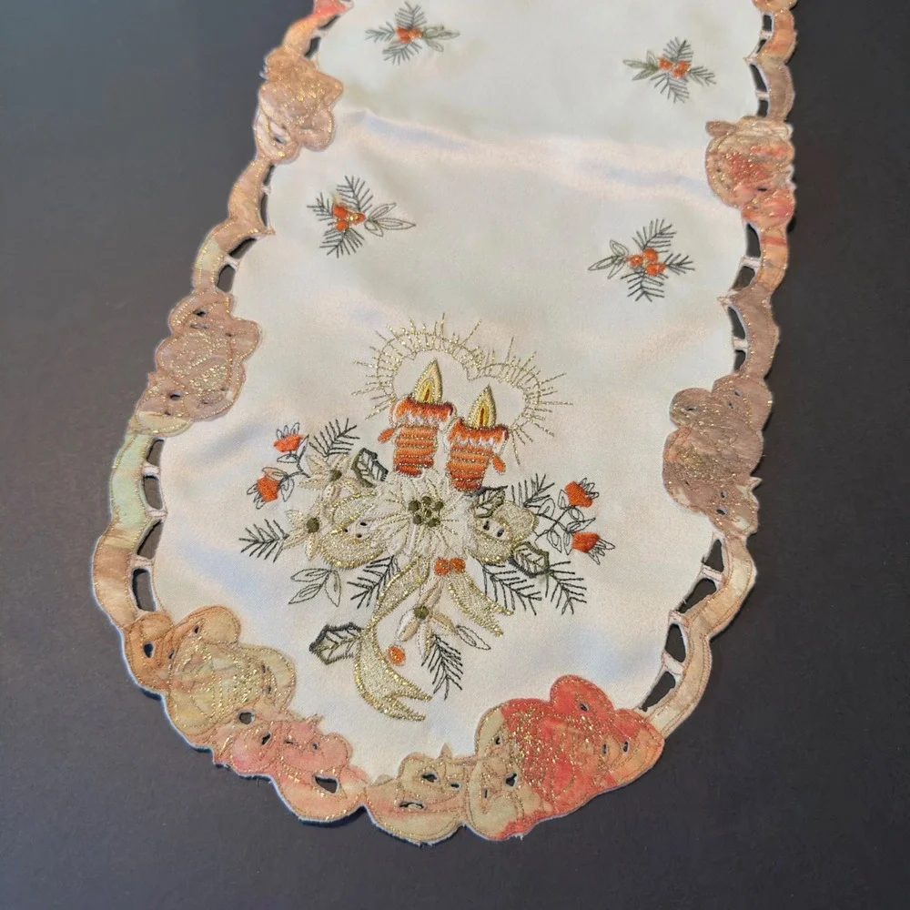 Vintage Christmas Table Runner Embroidered Candles Holly Gold Metallic 19.5x8